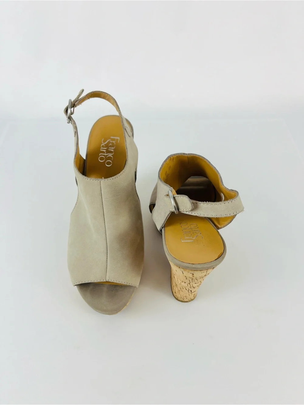 Franco Sarto Gabriel Peep Toe Suede Leather Wedge Sandal Taupe Gray Tan Size 8.5